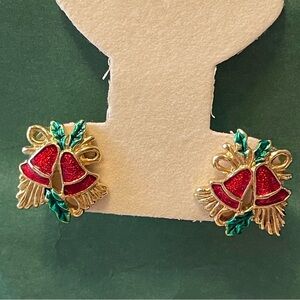 VINTAGE Christmas Earrings Gold Tone With Holly Leaves And Enamel Red Bells